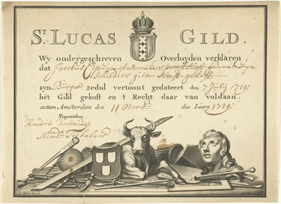 Receipt from the Guild of Saint Luke in Amsterdam to the glazier James Cip, 1729 by Dutch School